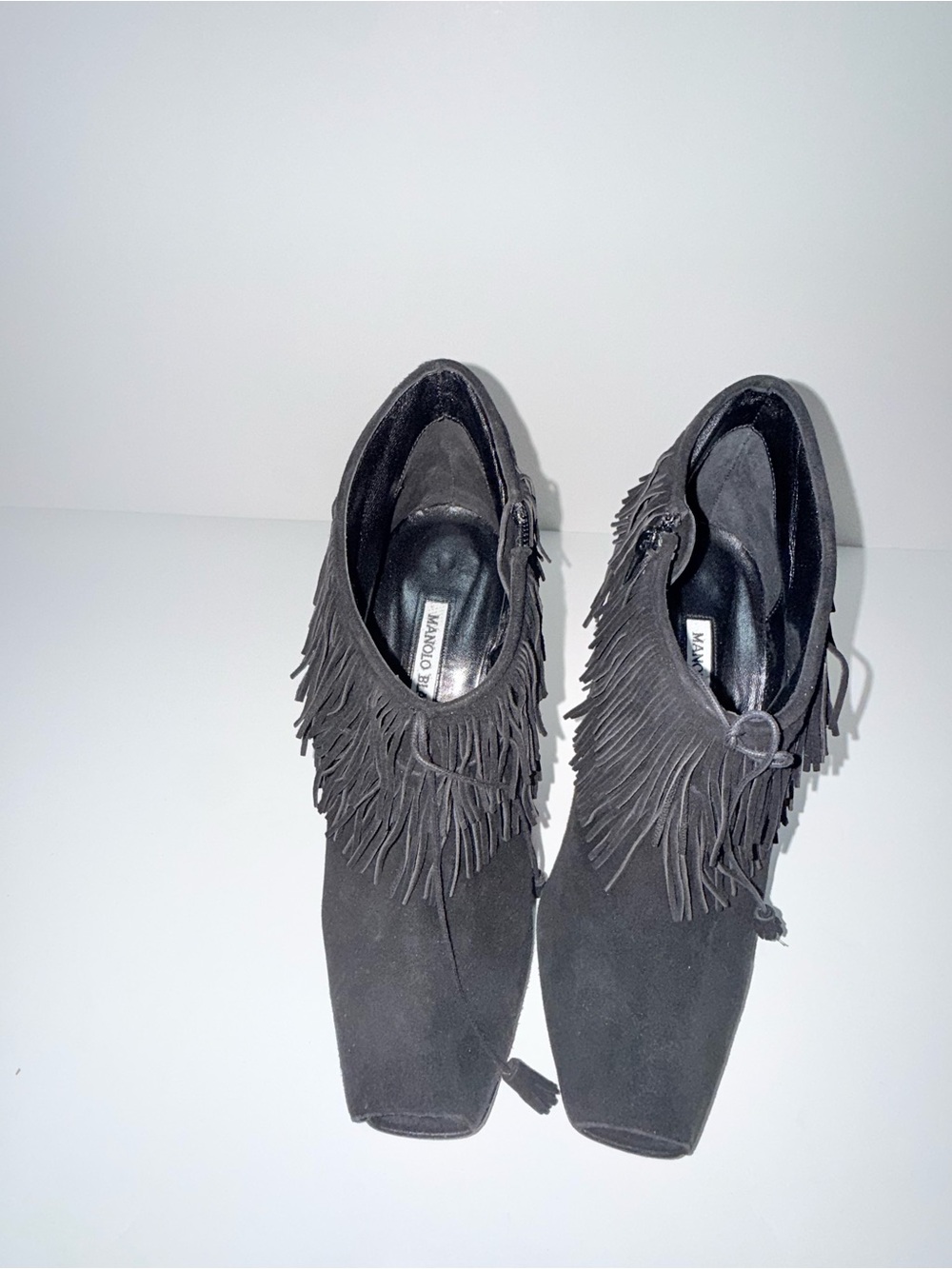 Manolo Blahnik Black Suede Fringe Ankle Booties